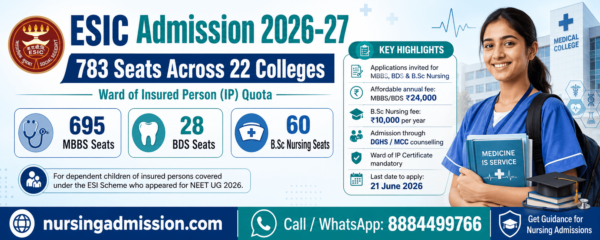 ESIC IP Quota Admission 2026-27: 783 Seats for MBBS, BDS and B.Sc Nursing Across 22 Colleges