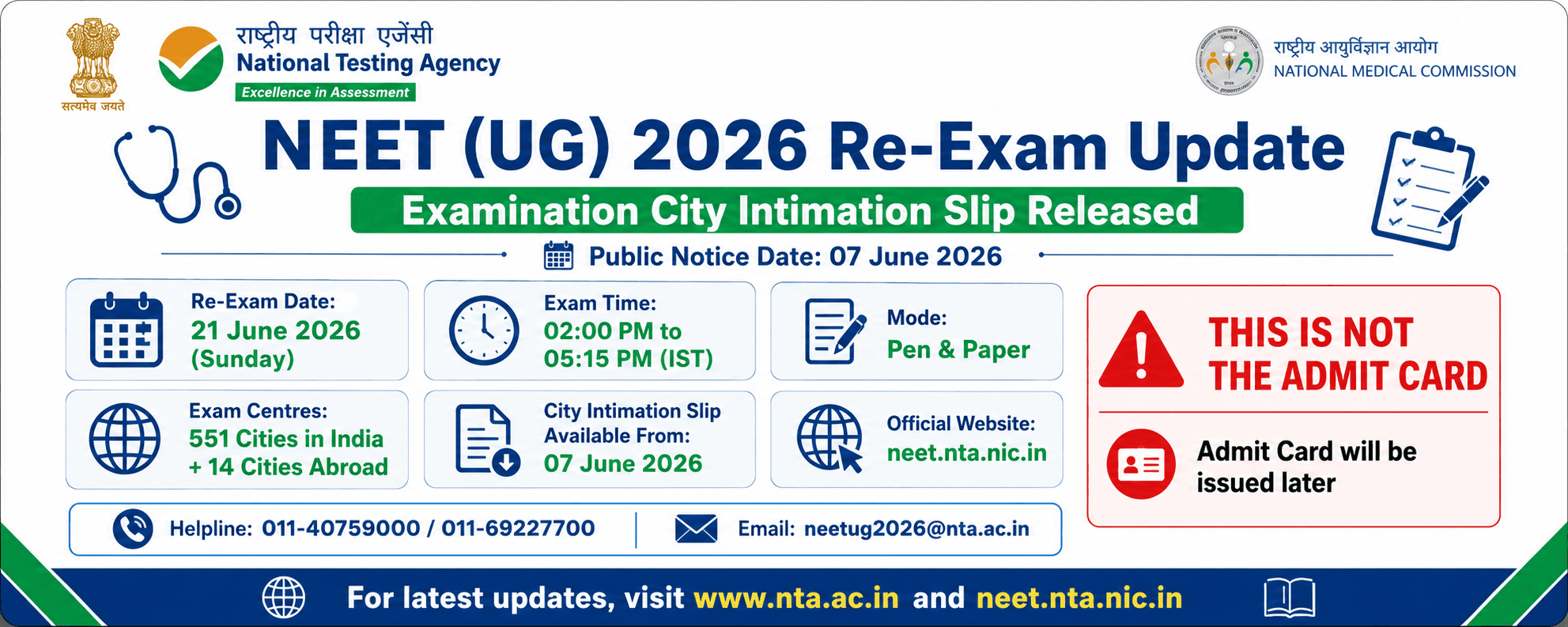 NEET UG 2026 Re-Exam City Intimation Slip Released by NTA: Exam on 21 June 2026